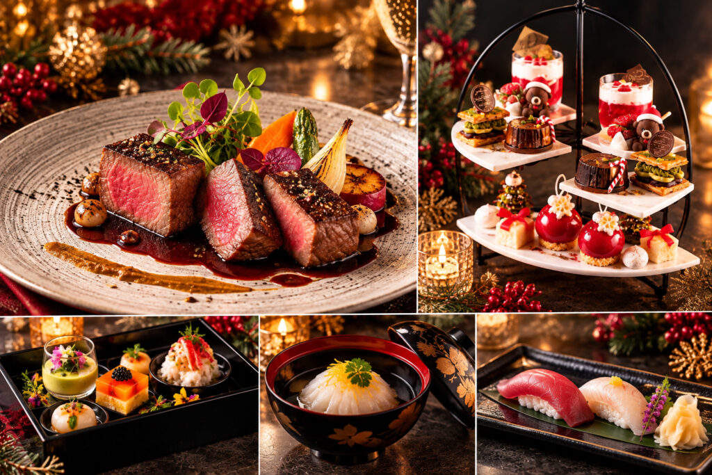【Christmas Dinner】〜和の趣と華やかなスイーツタワーで愉しむ、特別な聖夜 スパークリング乾杯酒付き+cafe2ドリンク付き